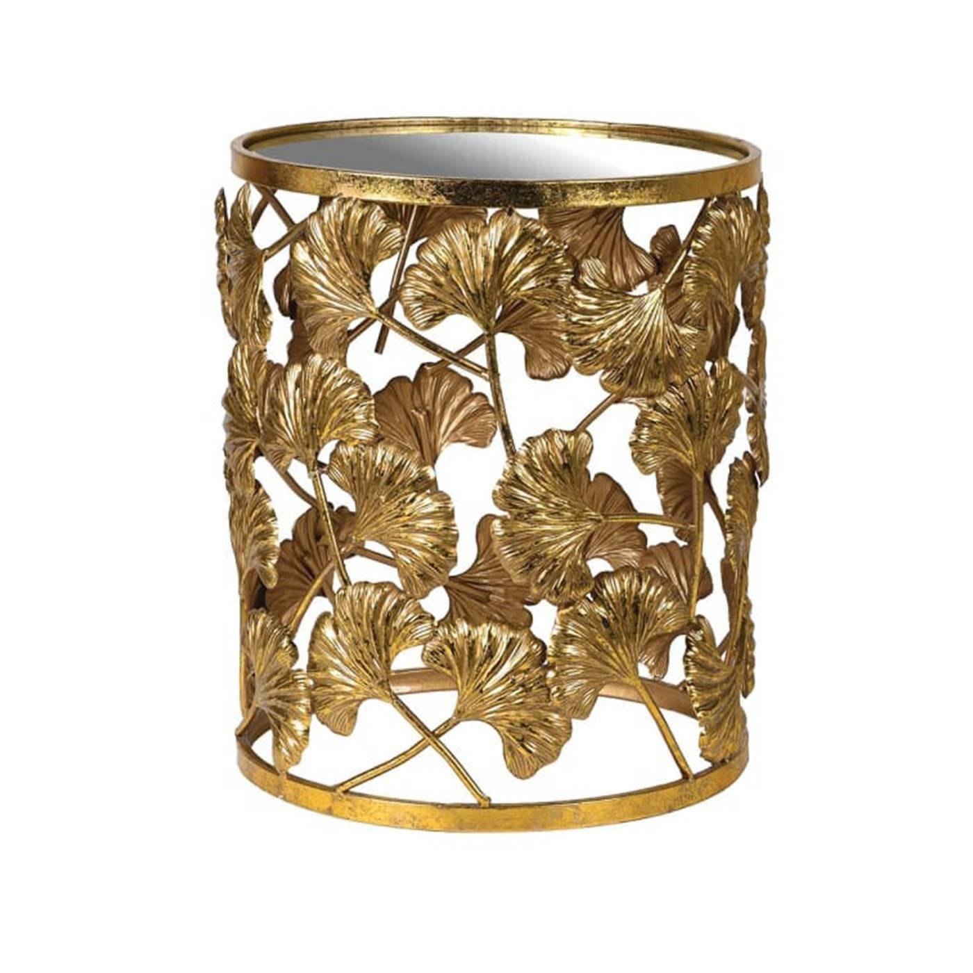 Round Gold Ginkgo Leaf Mirrored Side Table